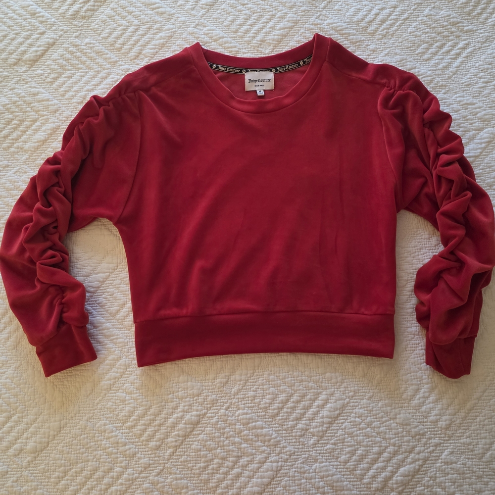 Juicy Couture Red Velvet Ruched Sleeve Cropped Sweatshirt